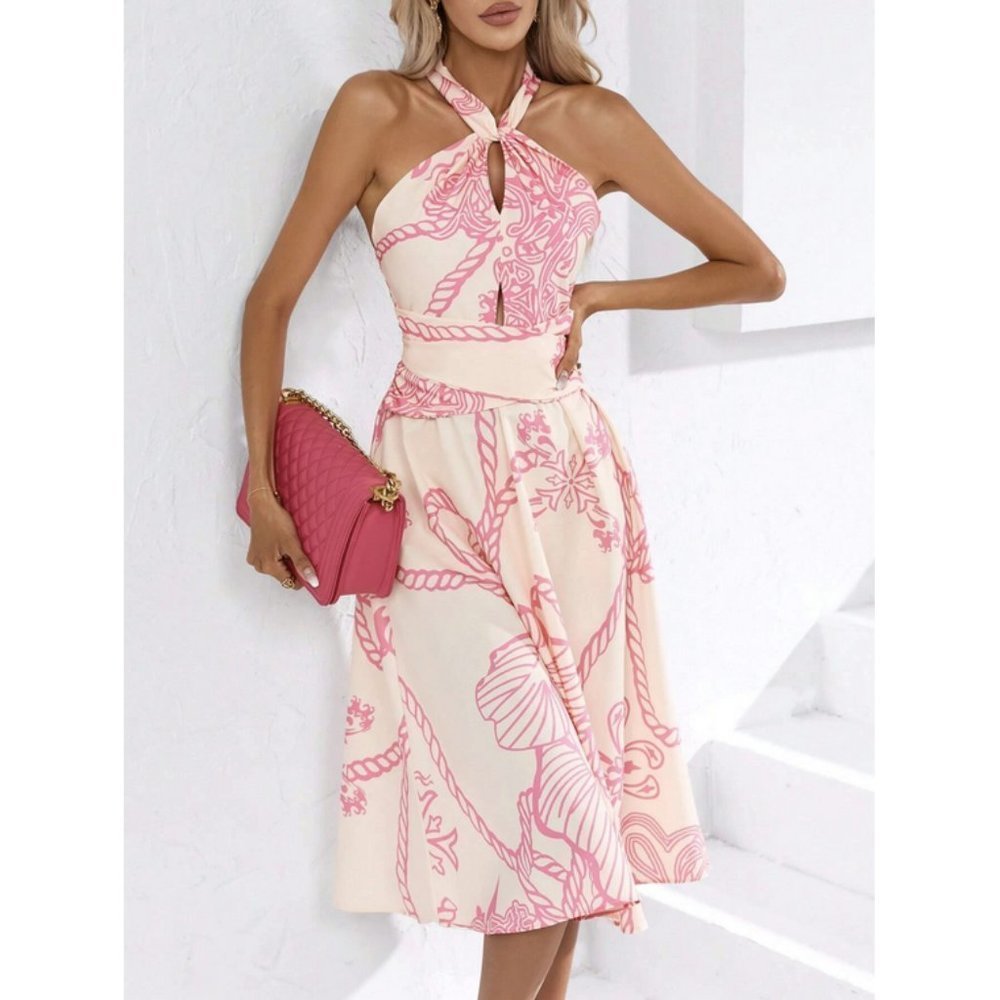 Chic Pink Rope Print Cut Out Halter Midi Dress - Picture 2 of 7
